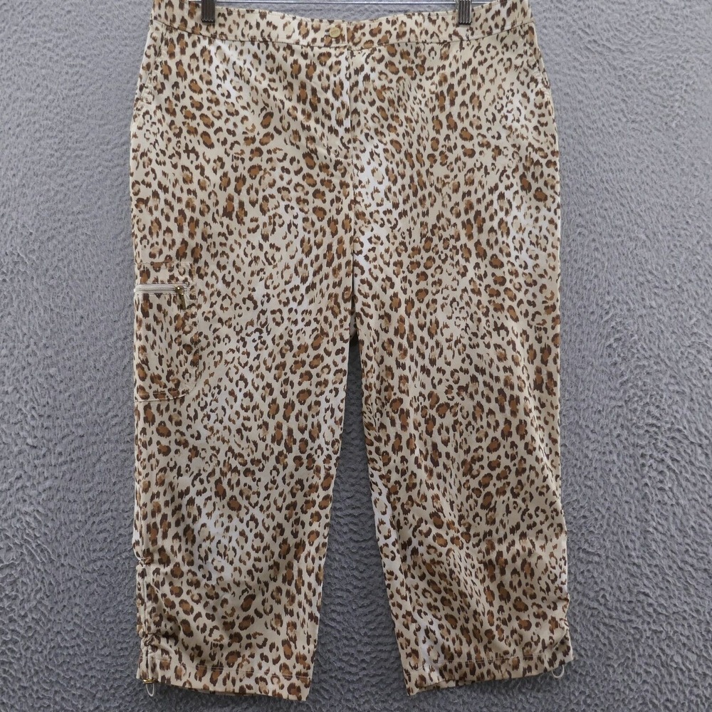 Chicos Womens Zenergy Crop Pants‎ 2.5 Size 14 Beige Brown Leopard Print NEW
